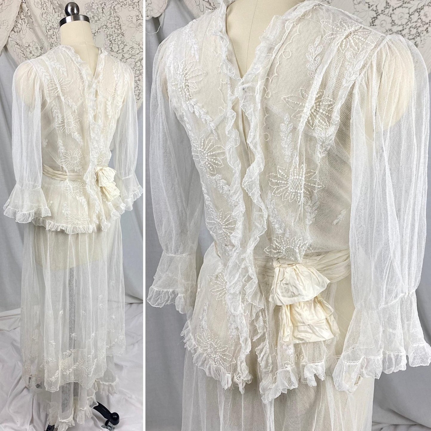 Edwardian Era 1910's Dress | Sheer White Tulle with Floral Embroidery & Ruffled Lace | Size XXS, XS - Daggers & Dames