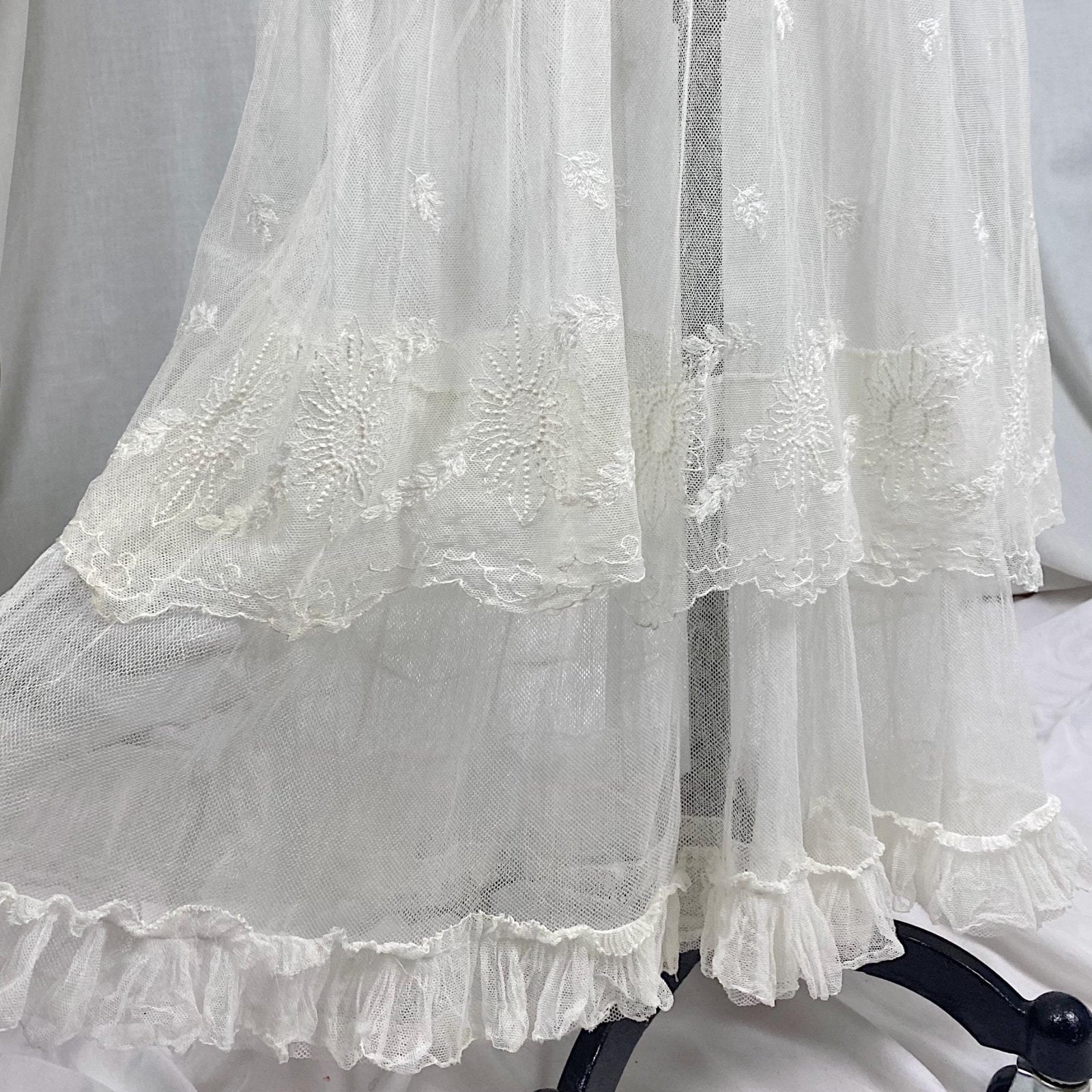 Edwardian Era 1910's Dress | Sheer White Tulle with Floral Embroidery & Ruffled Lace | Size XXS, XS - Daggers & Dames