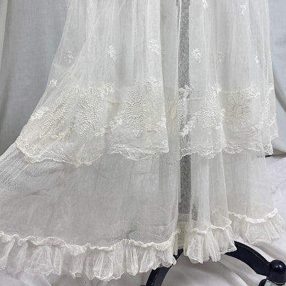 Edwardian Era 1910's Dress | Sheer White Tulle with Floral Embroidery & Ruffled Lace | Size XXS, XS - Daggers & Dames