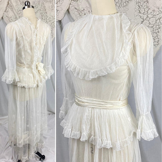 Edwardian Era 1910's Dress | Sheer White Tulle with Floral Embroidery & Ruffled Lace | Size XXS, XS - Daggers & Dames
