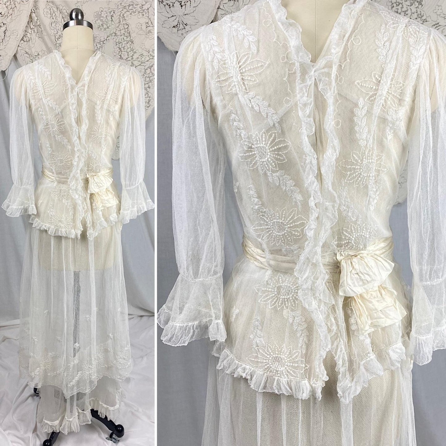 Edwardian Era 1910's Dress | Sheer White Tulle with Floral Embroidery & Ruffled Lace | Size XXS, XS - Daggers & Dames