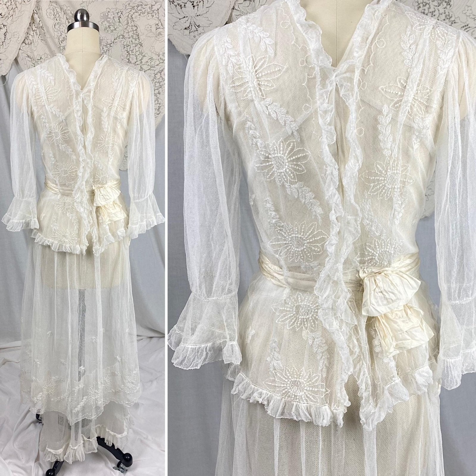 Edwardian Era 1910's Dress | Sheer White Tulle with Floral Embroidery & Ruffled Lace | Size XXS, XS - Daggers & Dames