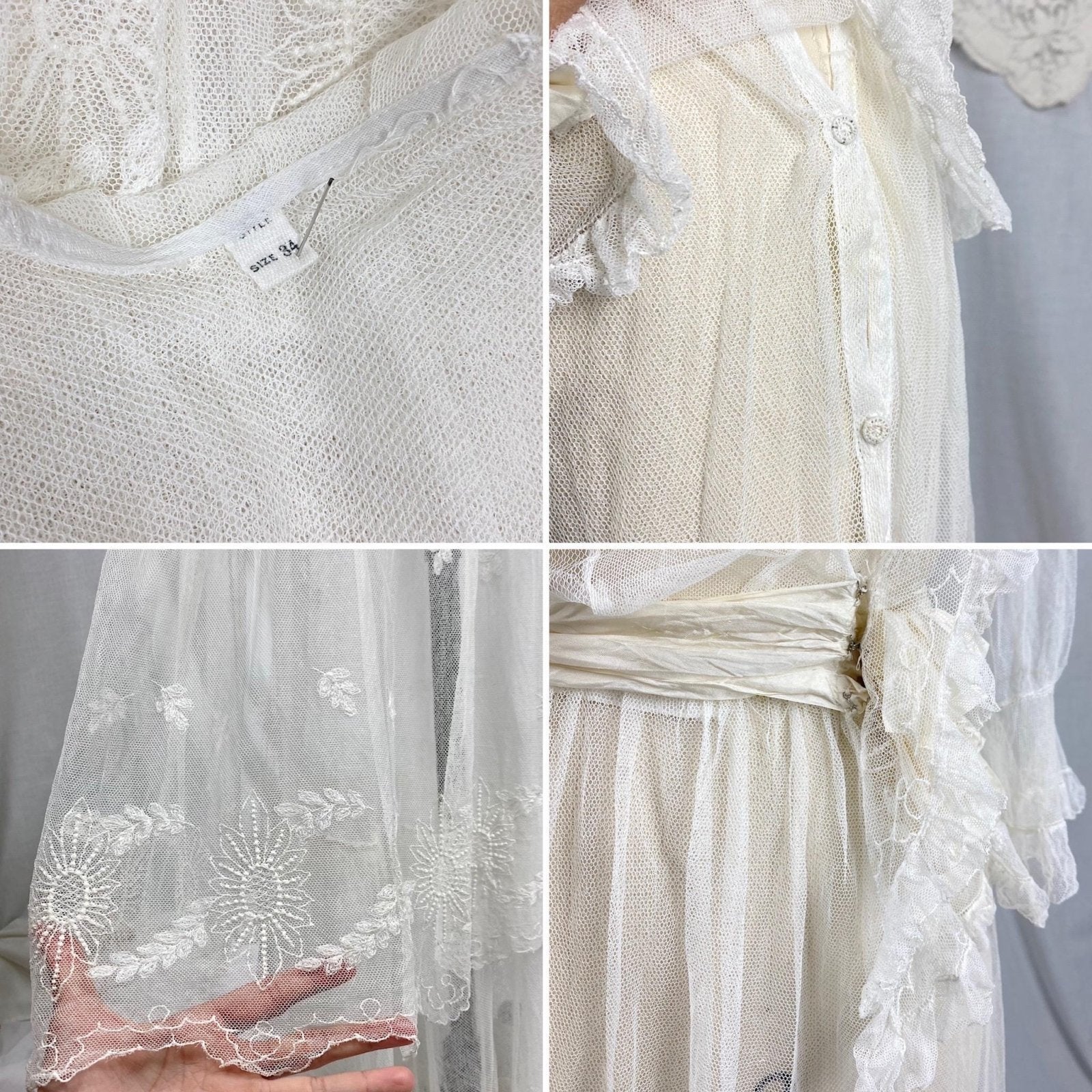 Edwardian Era 1910's Dress | Sheer White Tulle with Floral Embroidery & Ruffled Lace | Size XXS, XS - Daggers & Dames