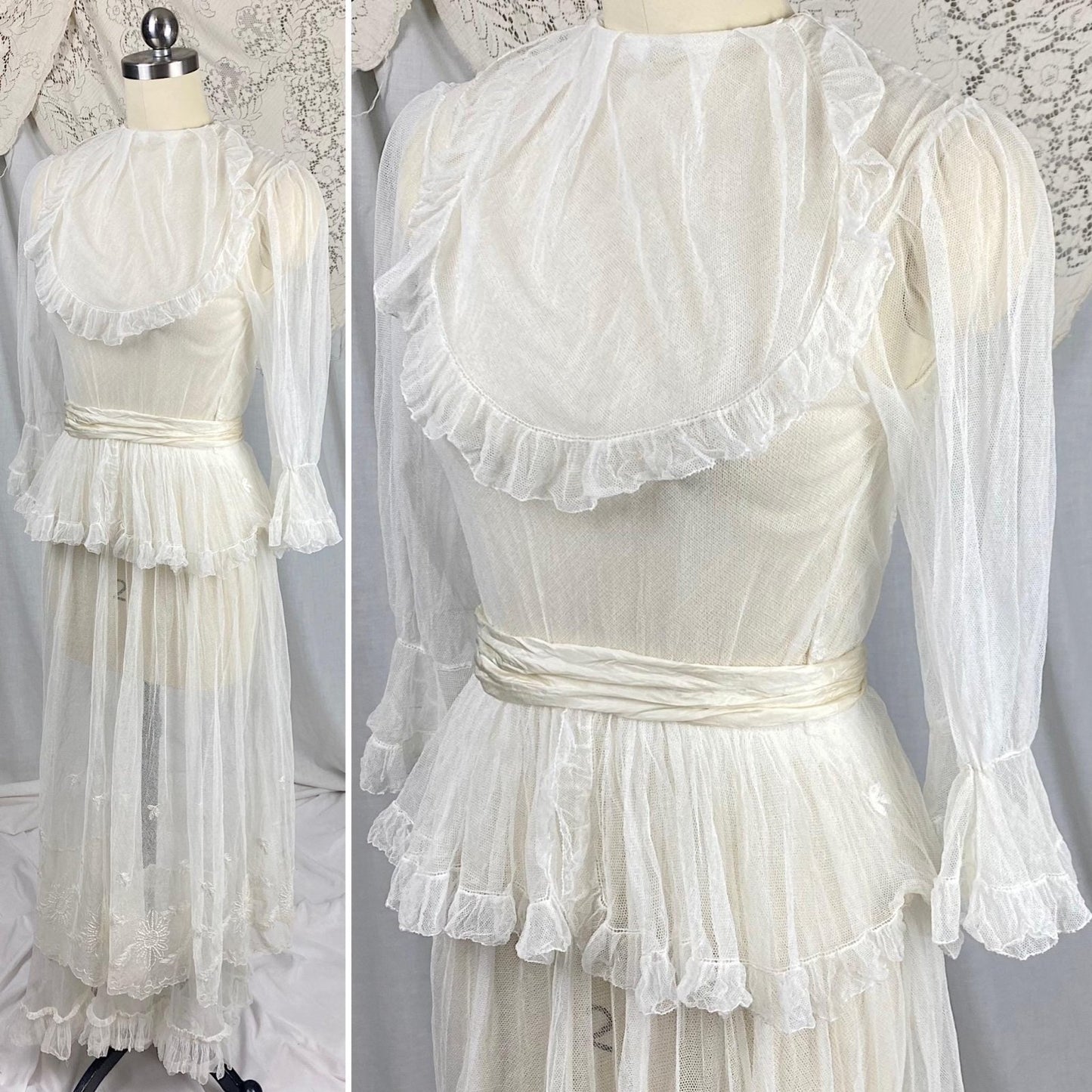Edwardian Era 1910's Dress | Sheer White Tulle with Floral Embroidery & Ruffled Lace | Size XXS, XS - Daggers & Dames
