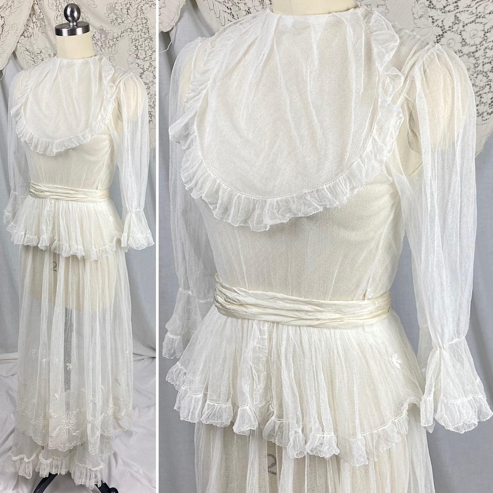 Edwardian Era 1910's Dress | Sheer White Tulle with Floral Embroidery & Ruffled Lace | Size XXS, XS - Daggers & Dames