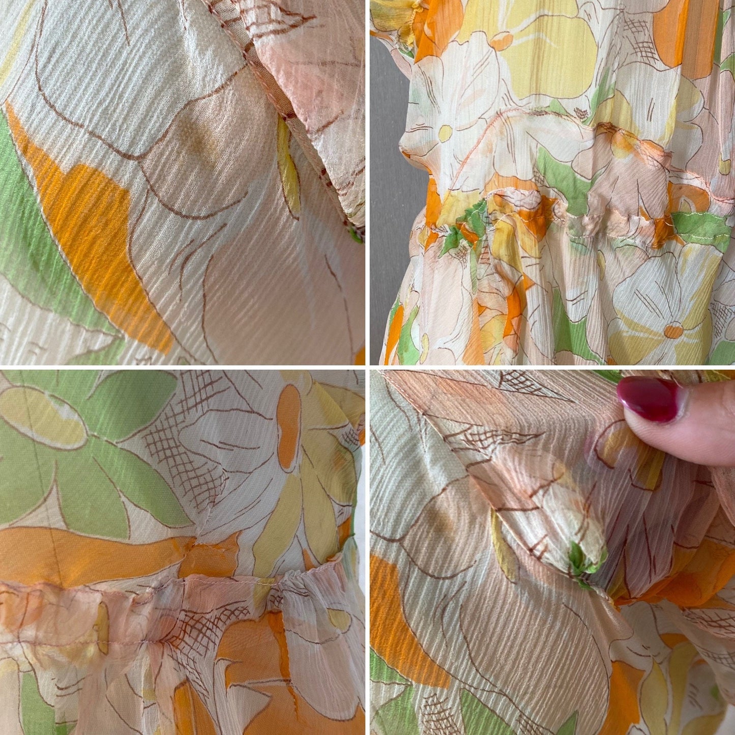 Vintage 1920's Dress | Very Sheer Spring Floral Print Silk Gauze with Bias Cut & Ruffled Sleeves | Size 34-36 Bust, S, M