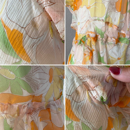 Vintage 1920's Dress | Very Sheer Spring Floral Print Silk Gauze with Bias Cut & Ruffled Sleeves | Size 34-36 Bust, S, M