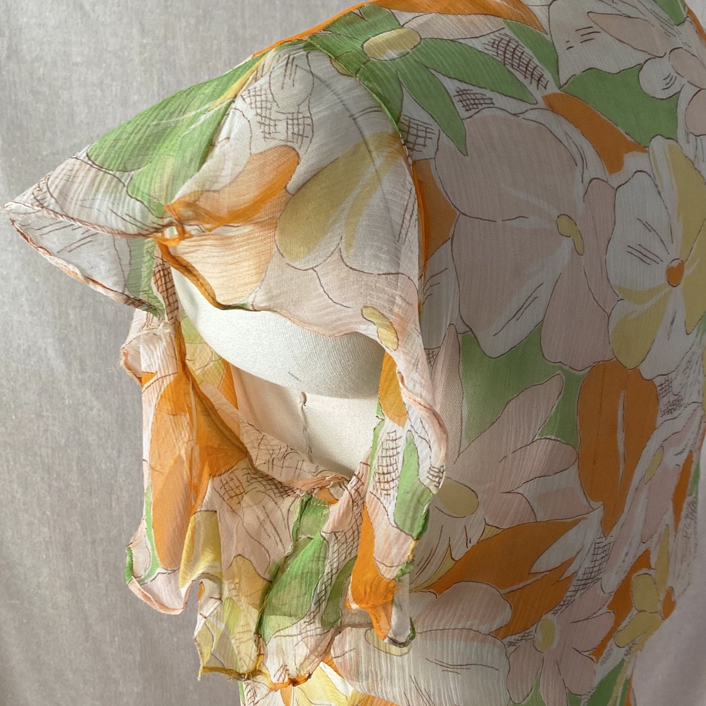Vintage 1920's Dress | Very Sheer Spring Floral Print Silk Gauze with Bias Cut & Ruffled Sleeves | Size 34-36 Bust, S, M