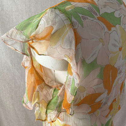Vintage 1920's Dress | Very Sheer Spring Floral Print Silk Gauze with Bias Cut & Ruffled Sleeves | Size 34-36 Bust, S, M