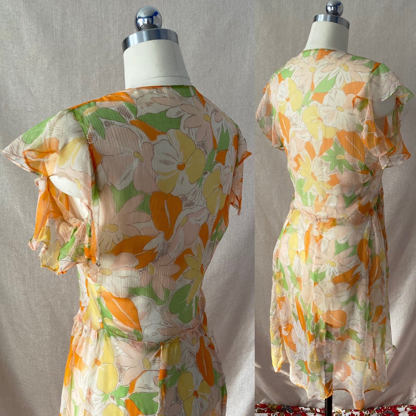 Vintage 1920's Dress | Very Sheer Spring Floral Print Silk Gauze with Bias Cut & Ruffled Sleeves | Size 34-36 Bust, S, M