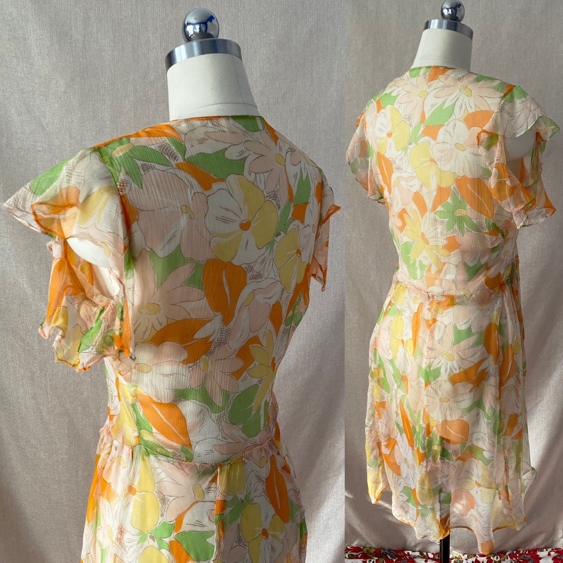 Vintage 1920's Dress | Very Sheer Spring Floral Print Silk Gauze with Bias Cut & Ruffled Sleeves | Size 34-36 Bust, S, M