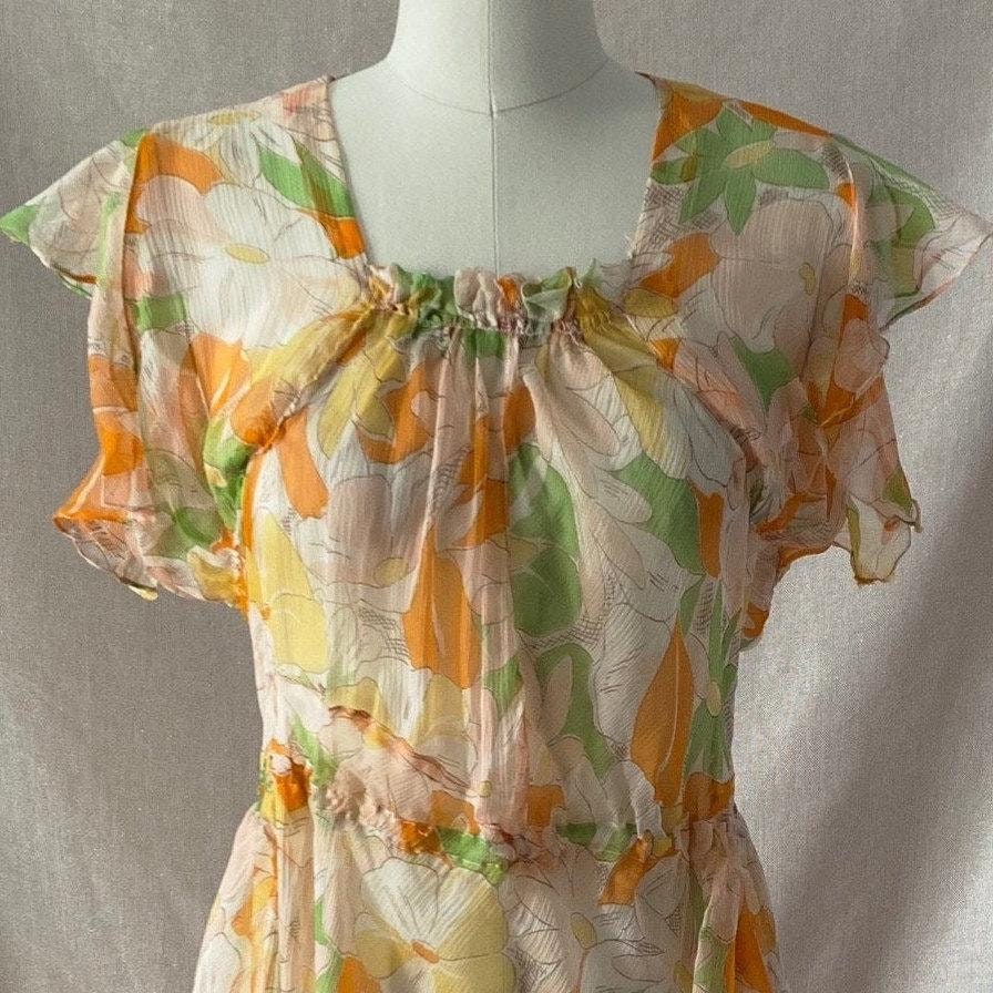 Vintage 1920's Dress | Very Sheer Spring Floral Print Silk Gauze with Bias Cut & Ruffled Sleeves | Size 34-36 Bust, S, M