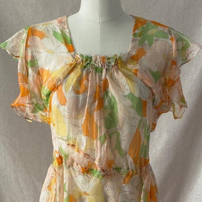 Vintage 1920's Dress | Very Sheer Spring Floral Print Silk Gauze with Bias Cut & Ruffled Sleeves | Size 34-36 Bust, S, M