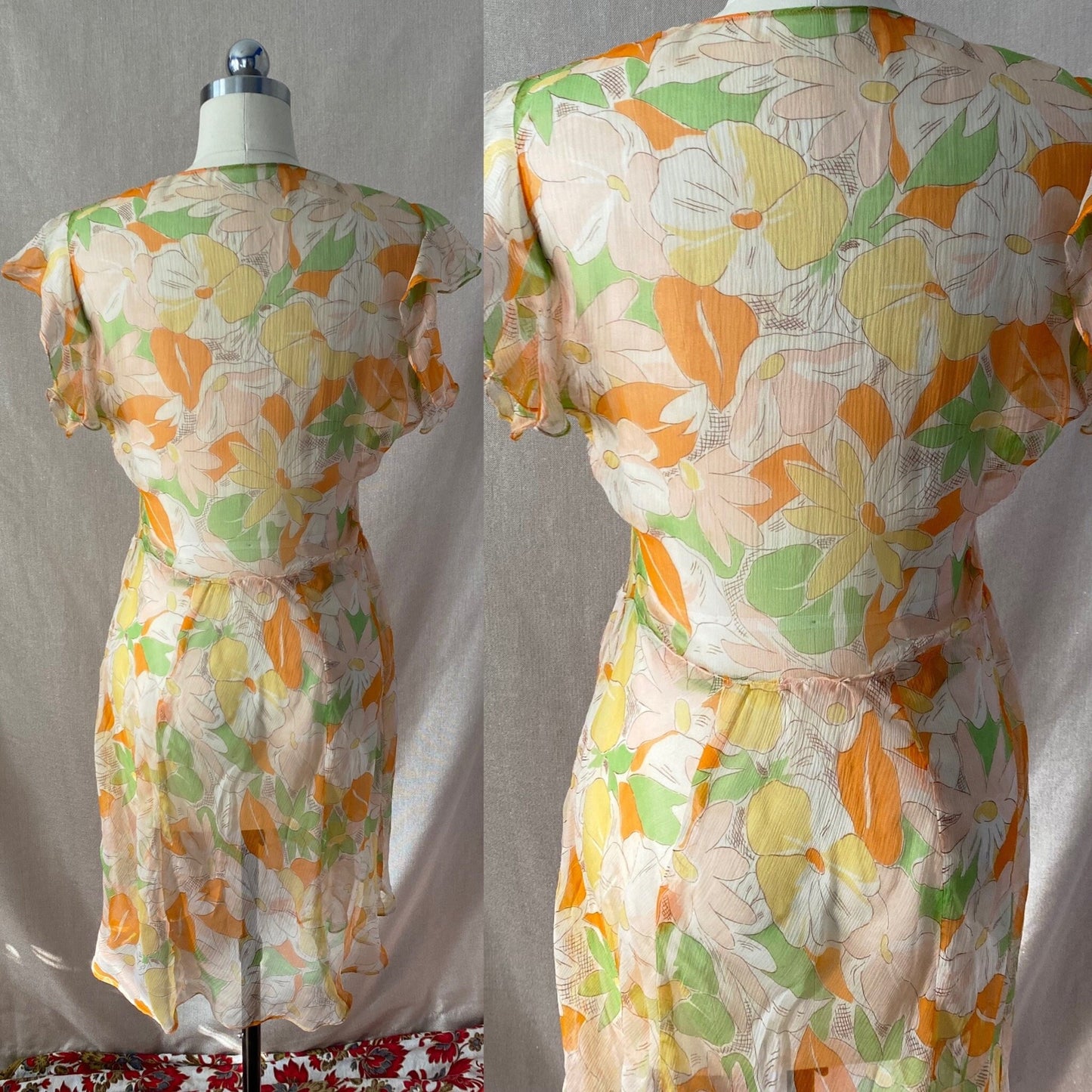 Vintage 1920's Dress | Very Sheer Spring Floral Print Silk Gauze with Bias Cut & Ruffled Sleeves | Size 34-36 Bust, S, M