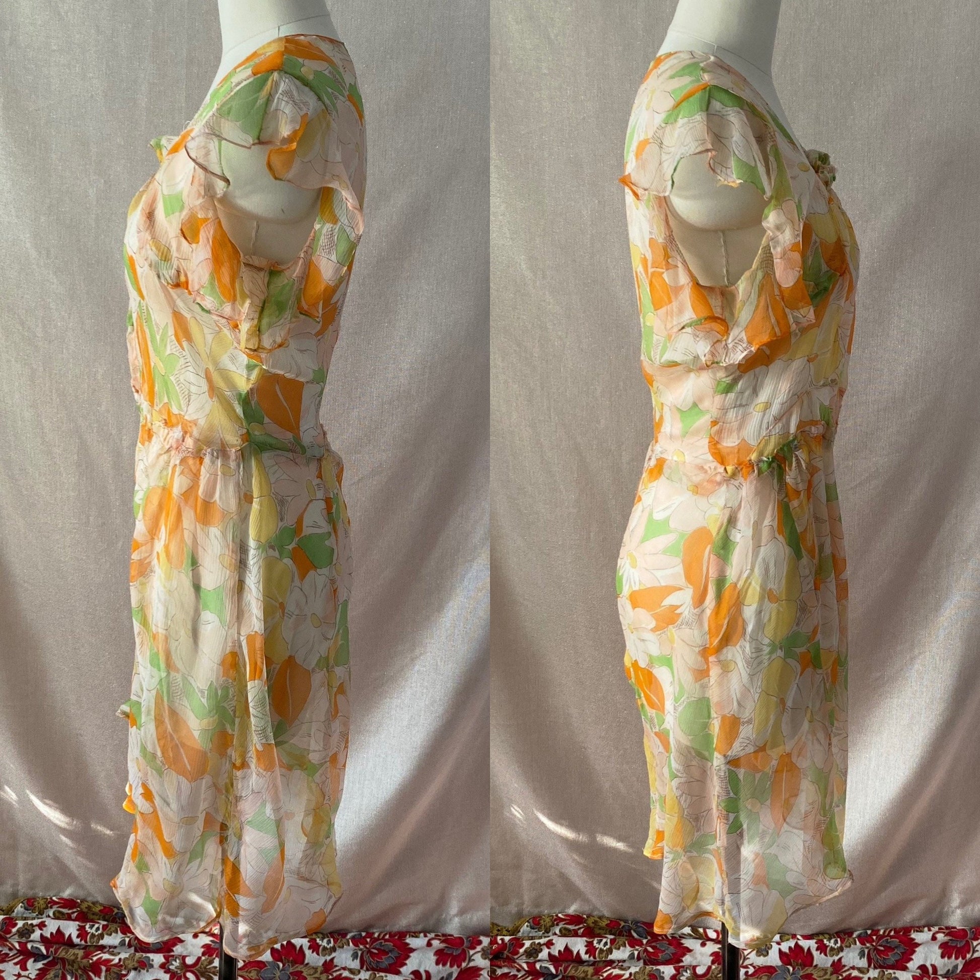 Vintage 1920's Dress | Very Sheer Spring Floral Print Silk Gauze with Bias Cut & Ruffled Sleeves | Size 34-36 Bust, S, M