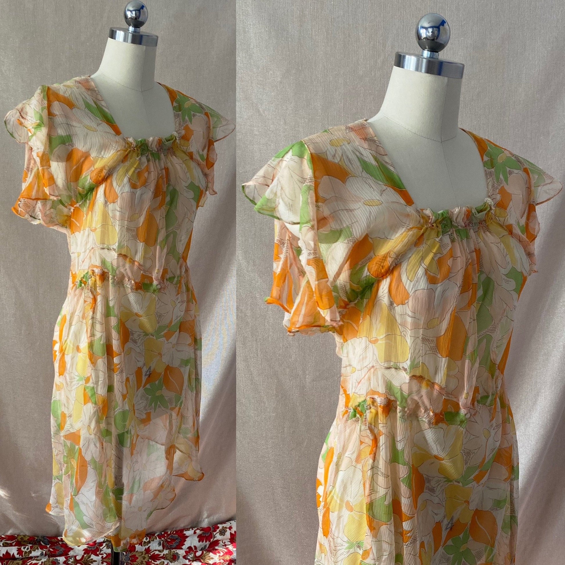 Vintage 1920's Dress | Very Sheer Spring Floral Print Silk Gauze with Bias Cut & Ruffled Sleeves | Size 34-36 Bust, S, M