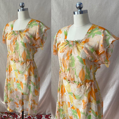 Vintage 1920's Dress | Very Sheer Spring Floral Print Silk Gauze with Bias Cut & Ruffled Sleeves | Size 34-36 Bust, S, M