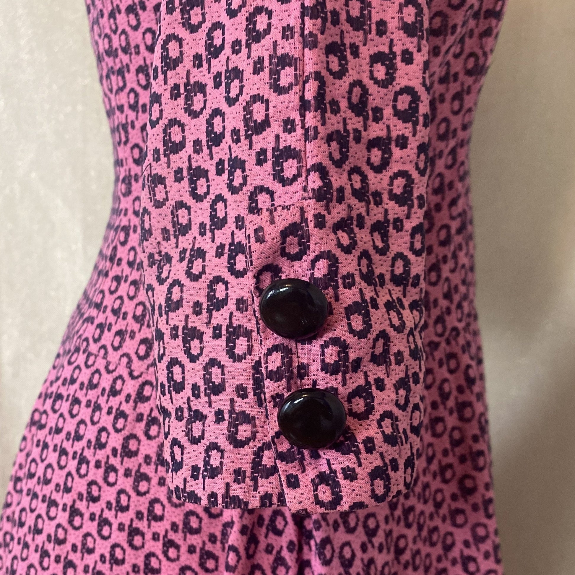 Vintage 1950's Full Swing Bowling Dress | Bubblegum Pink with Navy Blue Abstract Cotton Damask | Size 32-34 Bust, XS | Peg Hurley by Brunner
