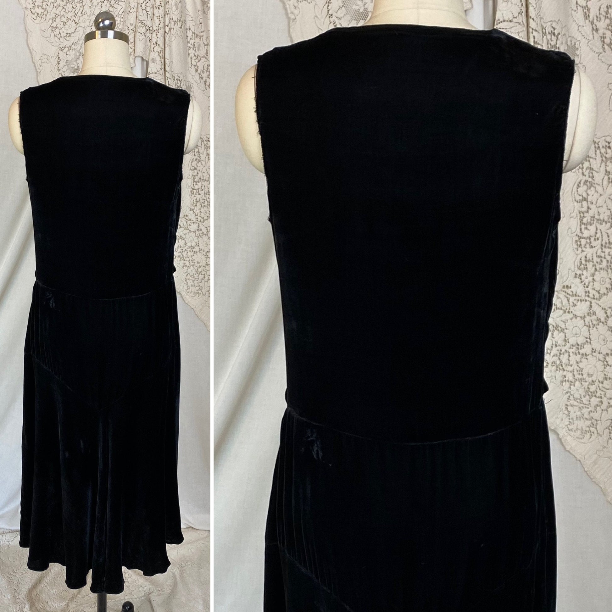 Vintage 1920s - 1930s Midi Dress | Black Silk Velvet with Ivory Lace Insert | Size XS, S