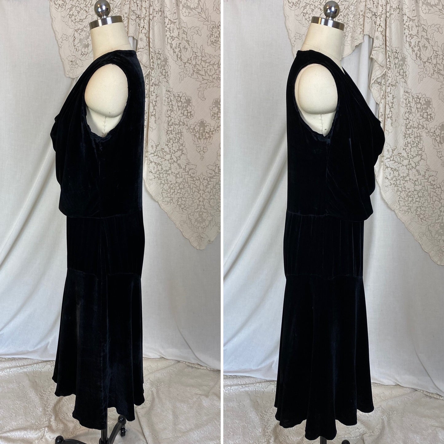 Vintage 1920s - 1930s Midi Dress | Black Silk Velvet with Ivory Lace Insert | Size XS, S