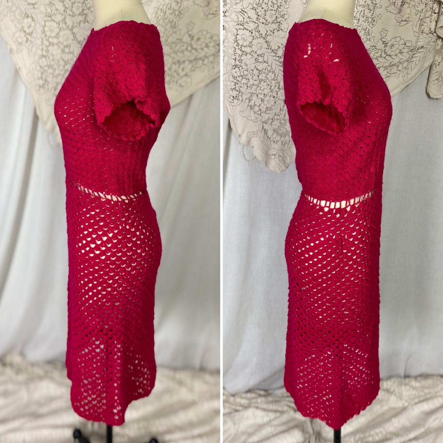 Vintage 1950's - 1960's Wiggle Dress | Hot Fuchsia Pink Hand Crochet Cotton with Rhinestone Buttons | Size S, M