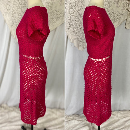 Vintage 1950's - 1960's Wiggle Dress | Hot Fuchsia Pink Hand Crochet Cotton with Rhinestone Buttons | Size S, M