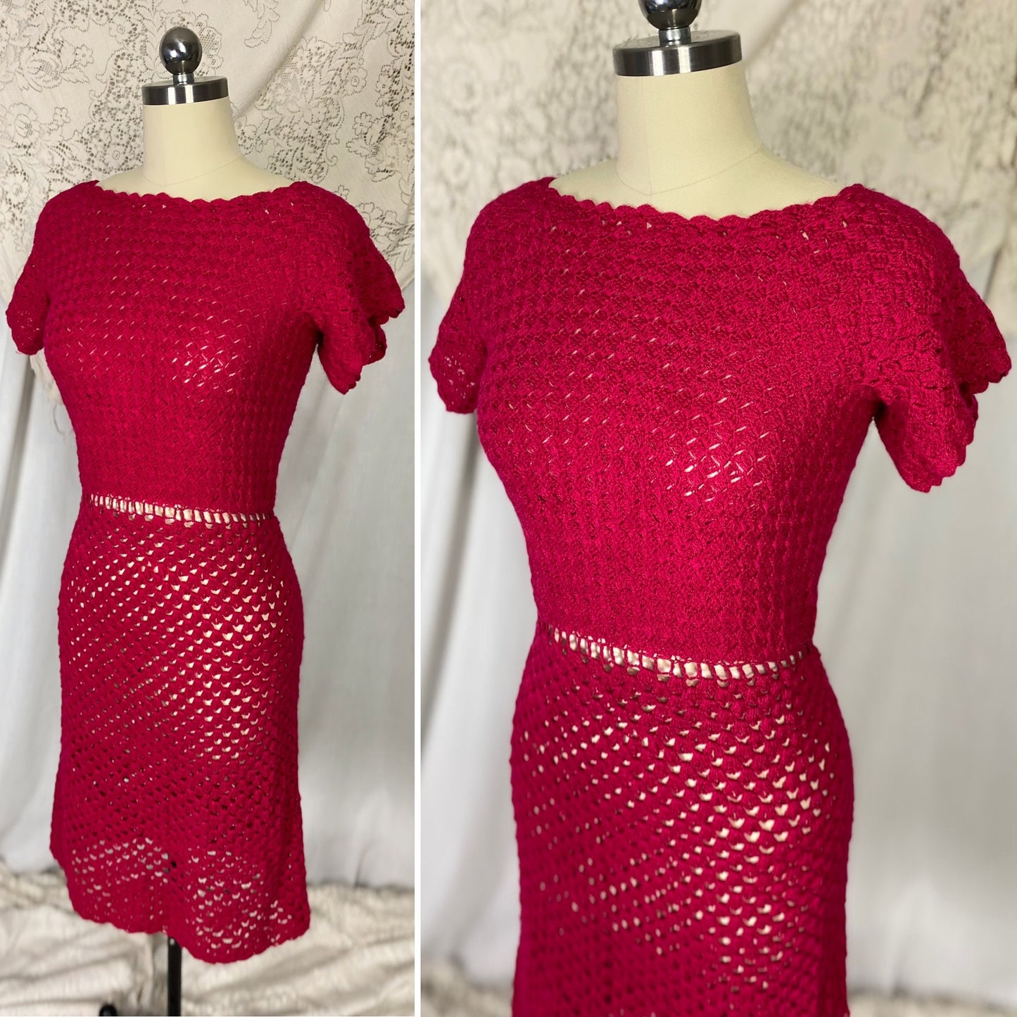 Vintage 1950's - 1960's Wiggle Dress | Hot Fuchsia Pink Hand Crochet Cotton with Rhinestone Buttons | Size S, M