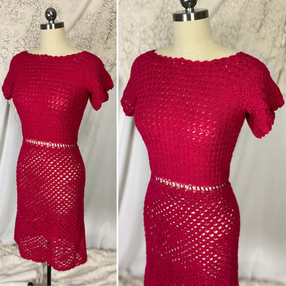 Vintage 1950's - 1960's Wiggle Dress | Hot Fuchsia Pink Hand Crochet Cotton with Rhinestone Buttons | Size S, M
