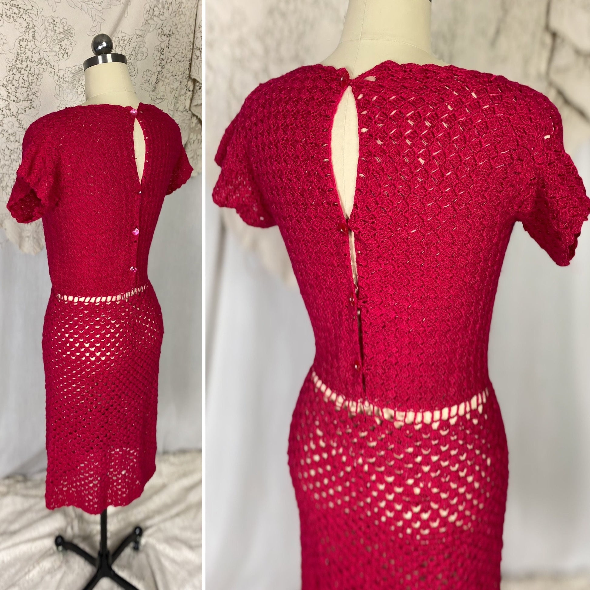Vintage 1950's - 1960's Wiggle Dress | Hot Fuchsia Pink Hand Crochet Cotton with Rhinestone Buttons | Size S, M
