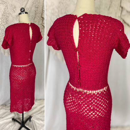 Vintage 1950's - 1960's Wiggle Dress | Hot Fuchsia Pink Hand Crochet Cotton with Rhinestone Buttons | Size S, M