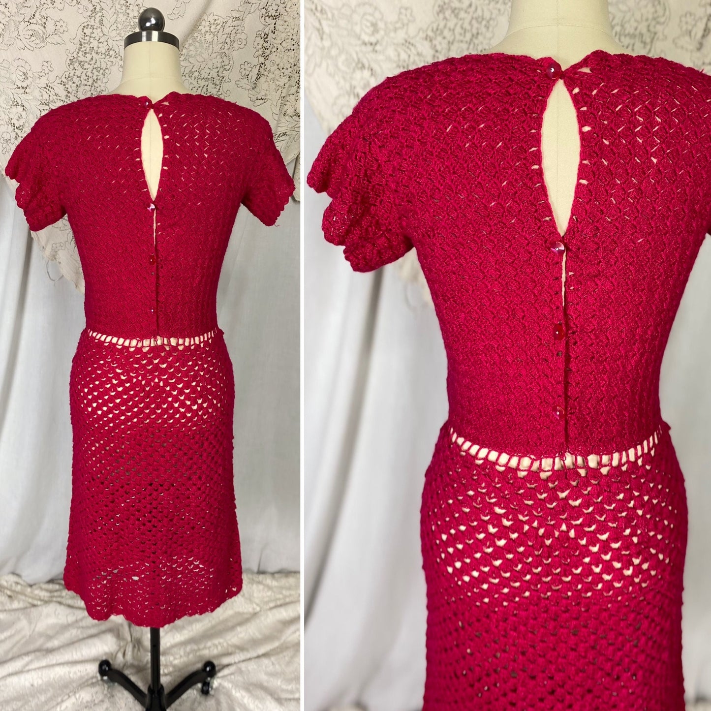 Vintage 1950's - 1960's Wiggle Dress | Hot Fuchsia Pink Hand Crochet Cotton with Rhinestone Buttons | Size S, M