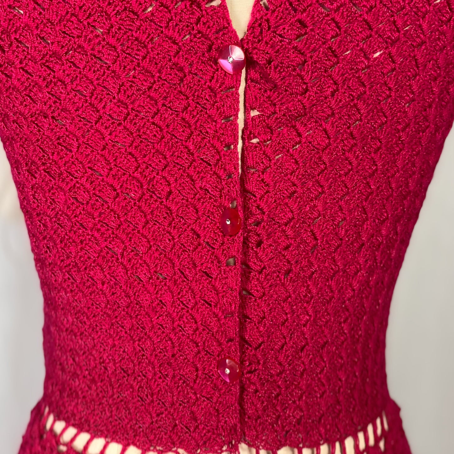 Vintage 1950's - 1960's Wiggle Dress | Hot Fuchsia Pink Hand Crochet Cotton with Rhinestone Buttons | Size S, M
