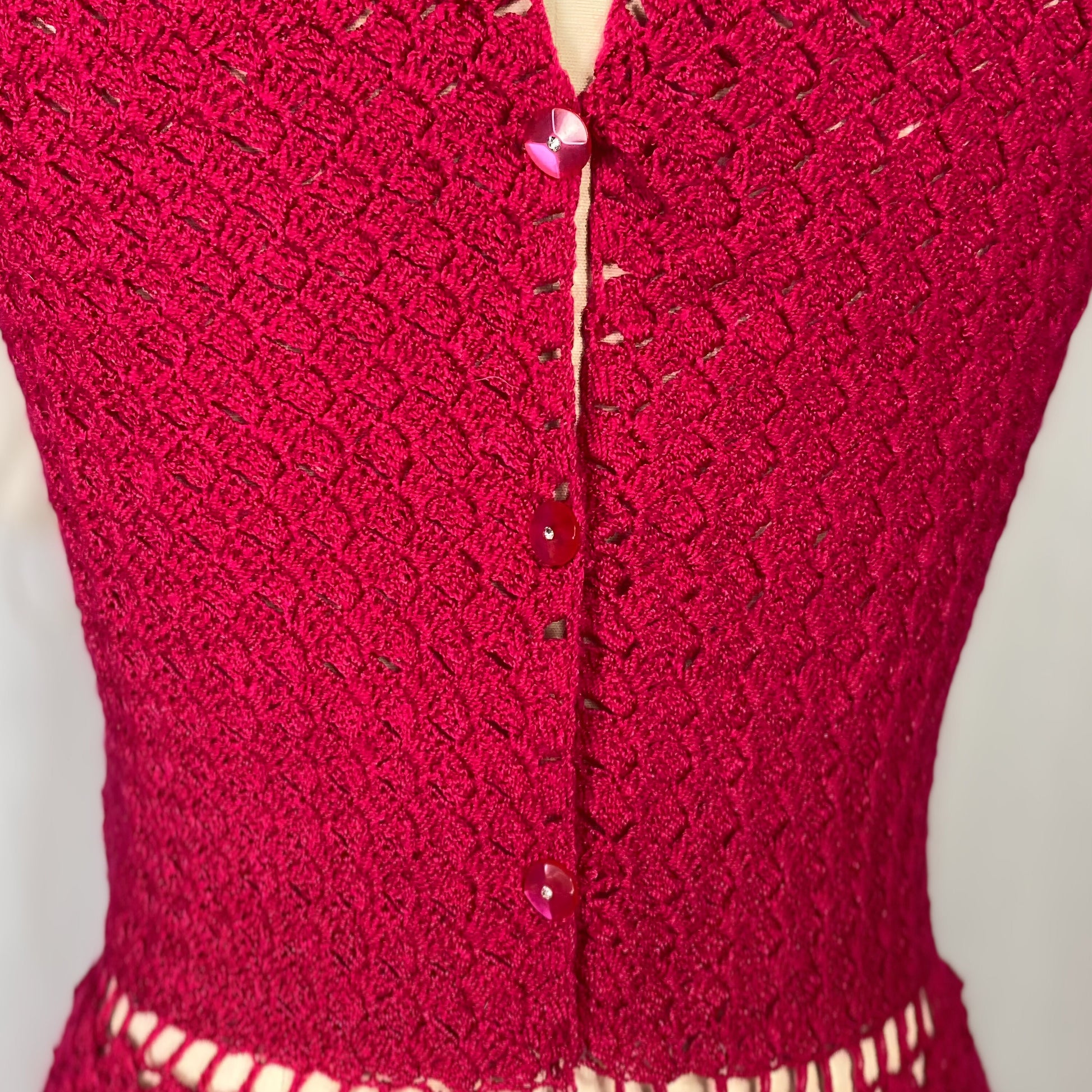 Vintage 1950's - 1960's Wiggle Dress | Hot Fuchsia Pink Hand Crochet Cotton with Rhinestone Buttons | Size S, M