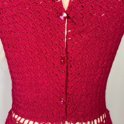 Vintage 1950's - 1960's Wiggle Dress | Hot Fuchsia Pink Hand Crochet Cotton with Rhinestone Buttons | Size S, M