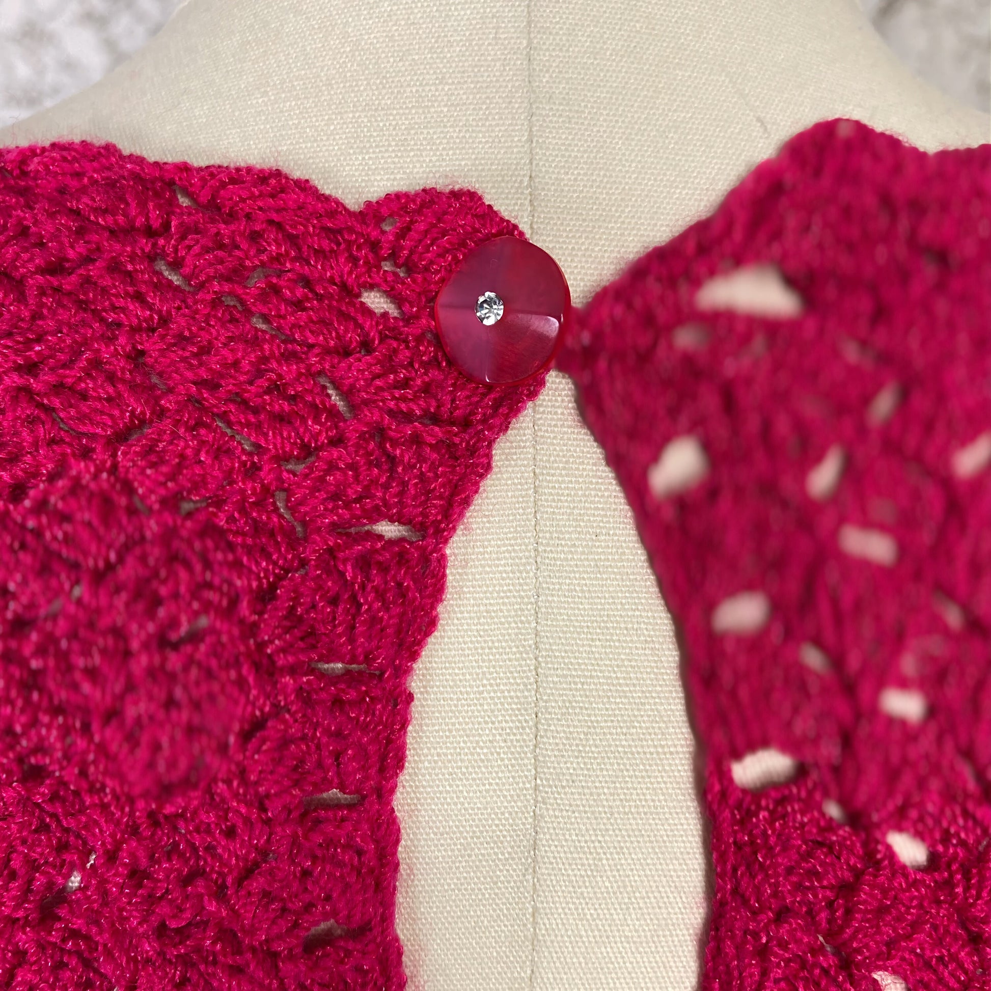Vintage 1950's - 1960's Wiggle Dress | Hot Fuchsia Pink Hand Crochet Cotton with Rhinestone Buttons | Size S, M