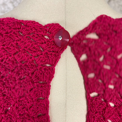 Vintage 1950's - 1960's Wiggle Dress | Hot Fuchsia Pink Hand Crochet Cotton with Rhinestone Buttons | Size S, M