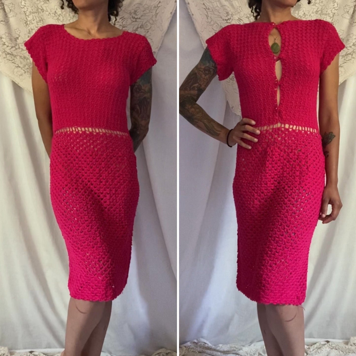 Vintage 1950's - 1960's Wiggle Dress | Hot Fuchsia Pink Hand Crochet Cotton with Rhinestone Buttons | Size S, M