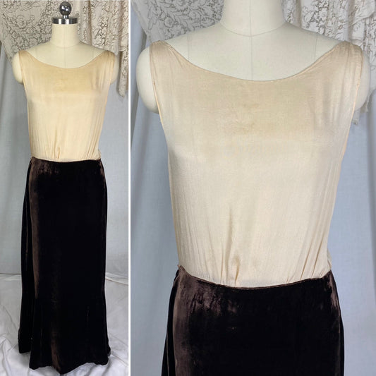 Vintage 1920's - 1930's Maxi Dress | Semi-Sheer Tan Silk with Deep Chocolate Brown Silk Velvet | Size XS, S