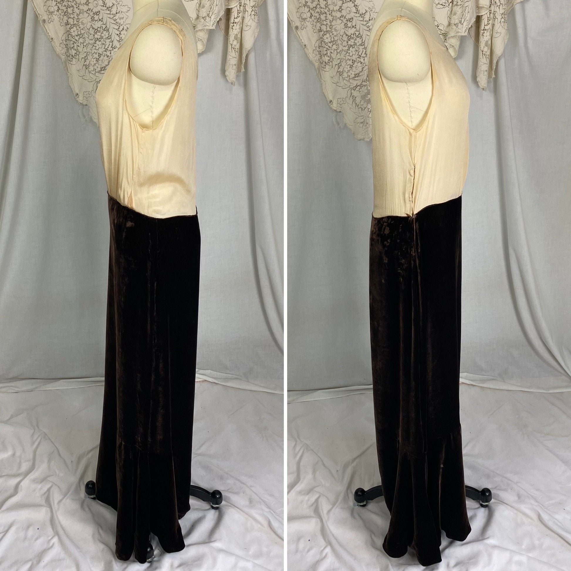 Vintage 1920's - 1930's Maxi Dress | Semi-Sheer Tan Silk with Deep Chocolate Brown Silk Velvet | Size XS, S