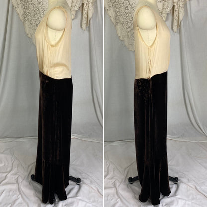 Vintage 1920's - 1930's Maxi Dress | Semi-Sheer Tan Silk with Deep Chocolate Brown Silk Velvet | Size XS, S