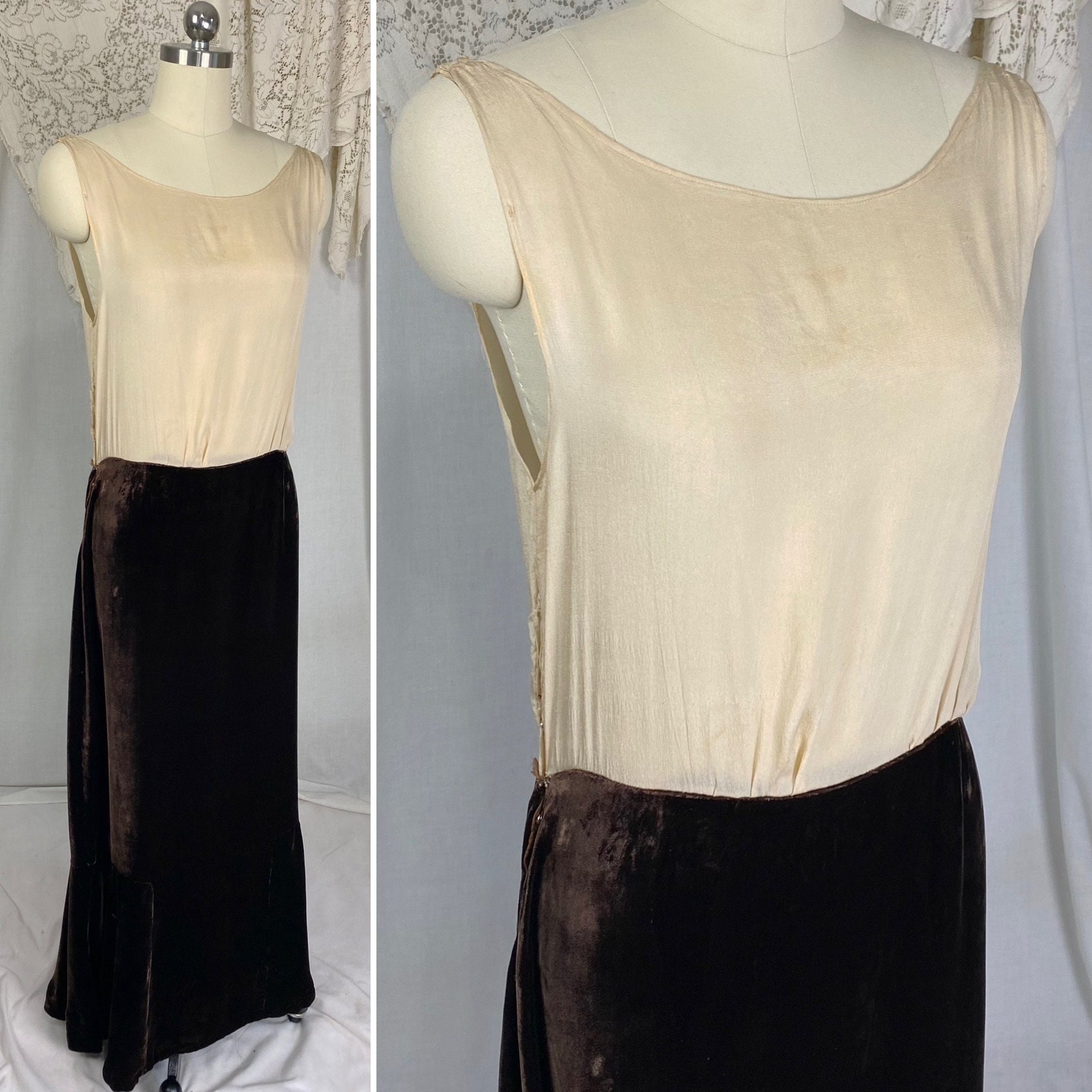 Vintage 1920's - 1930's Maxi Dress | Semi-Sheer Tan Silk with Deep Chocolate Brown Silk Velvet | Size XS, S