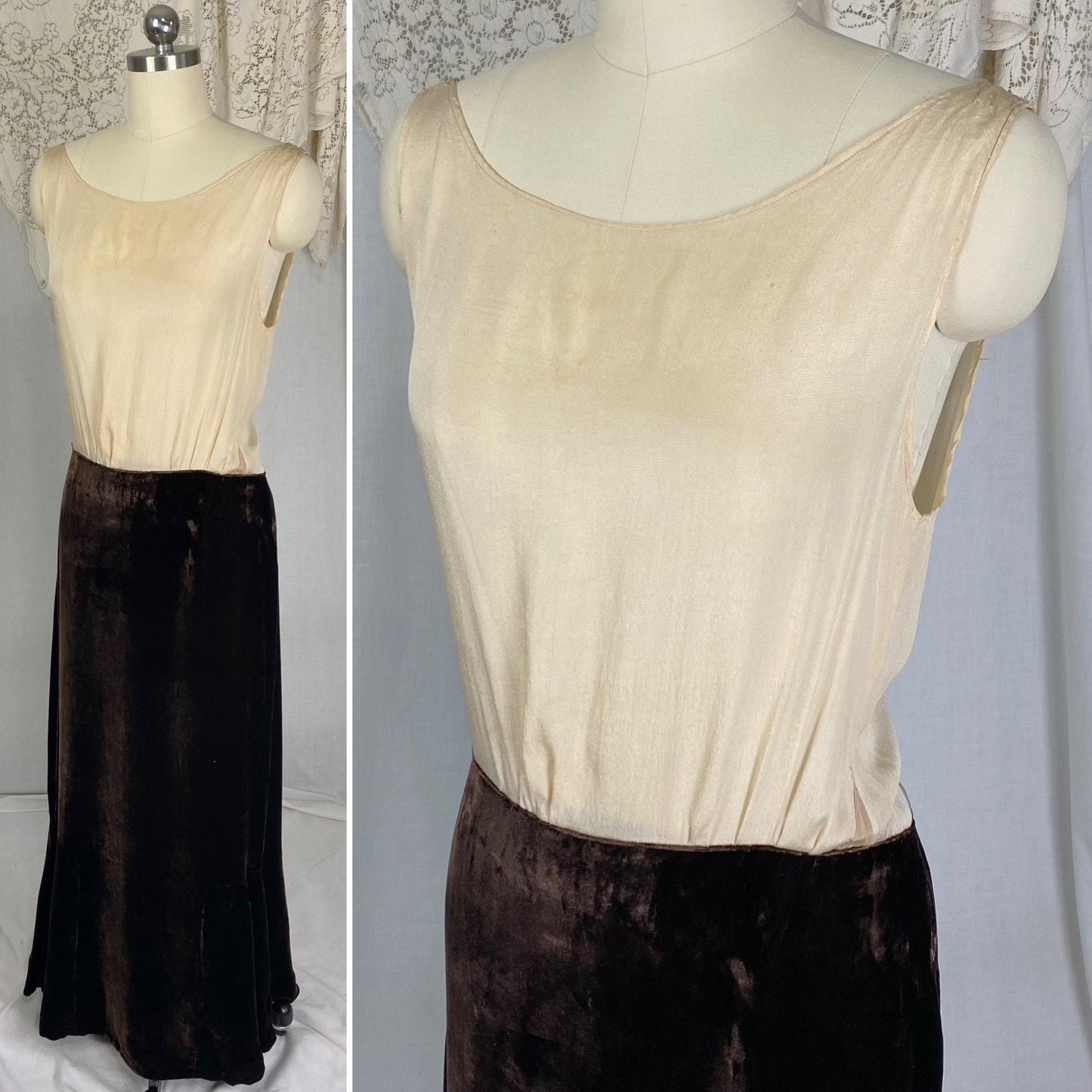Vintage 1920's - 1930's Maxi Dress | Semi-Sheer Tan Silk with Deep Chocolate Brown Silk Velvet | Size XS, S