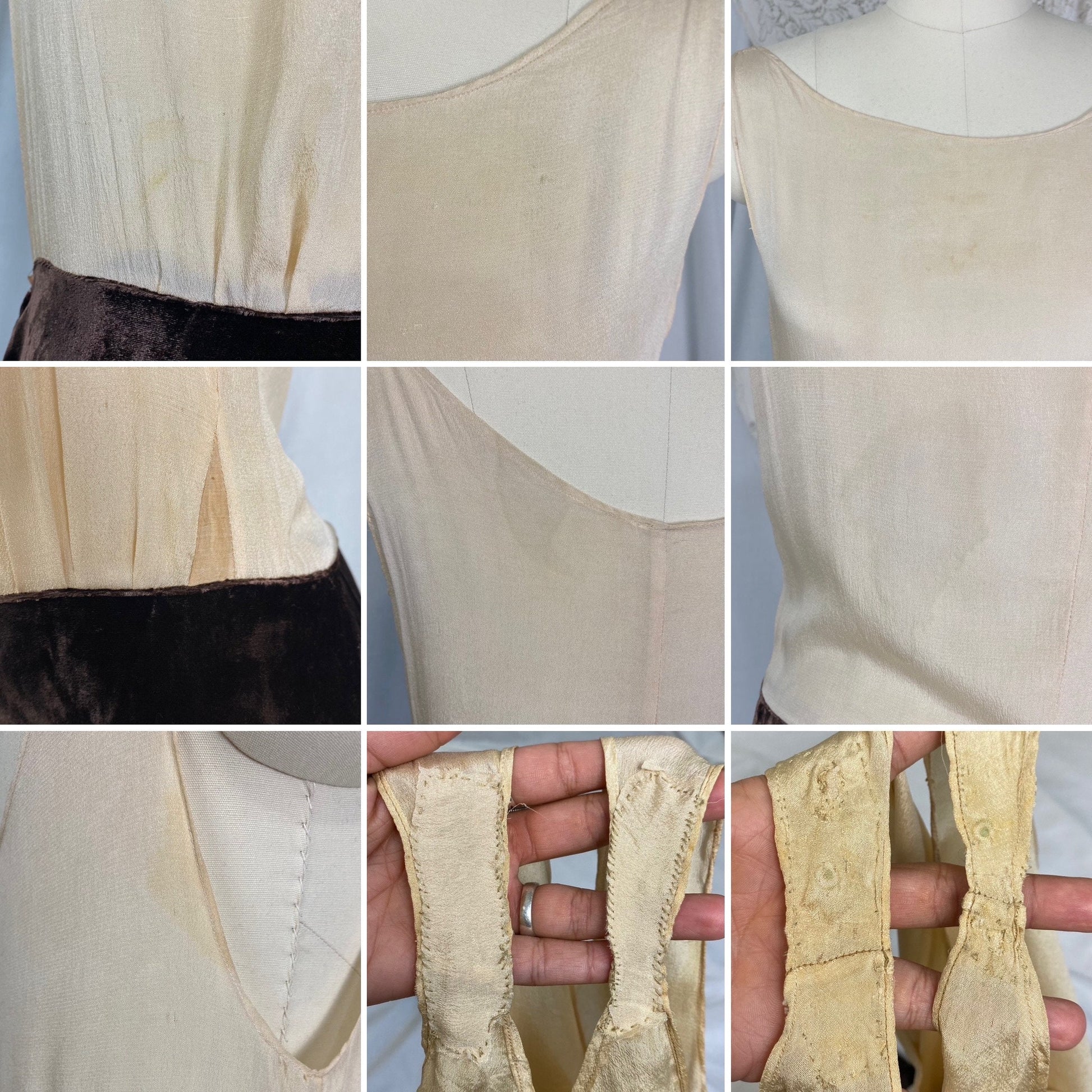 Vintage 1920's - 1930's Maxi Dress | Semi-Sheer Tan Silk with Deep Chocolate Brown Silk Velvet | Size XS, S