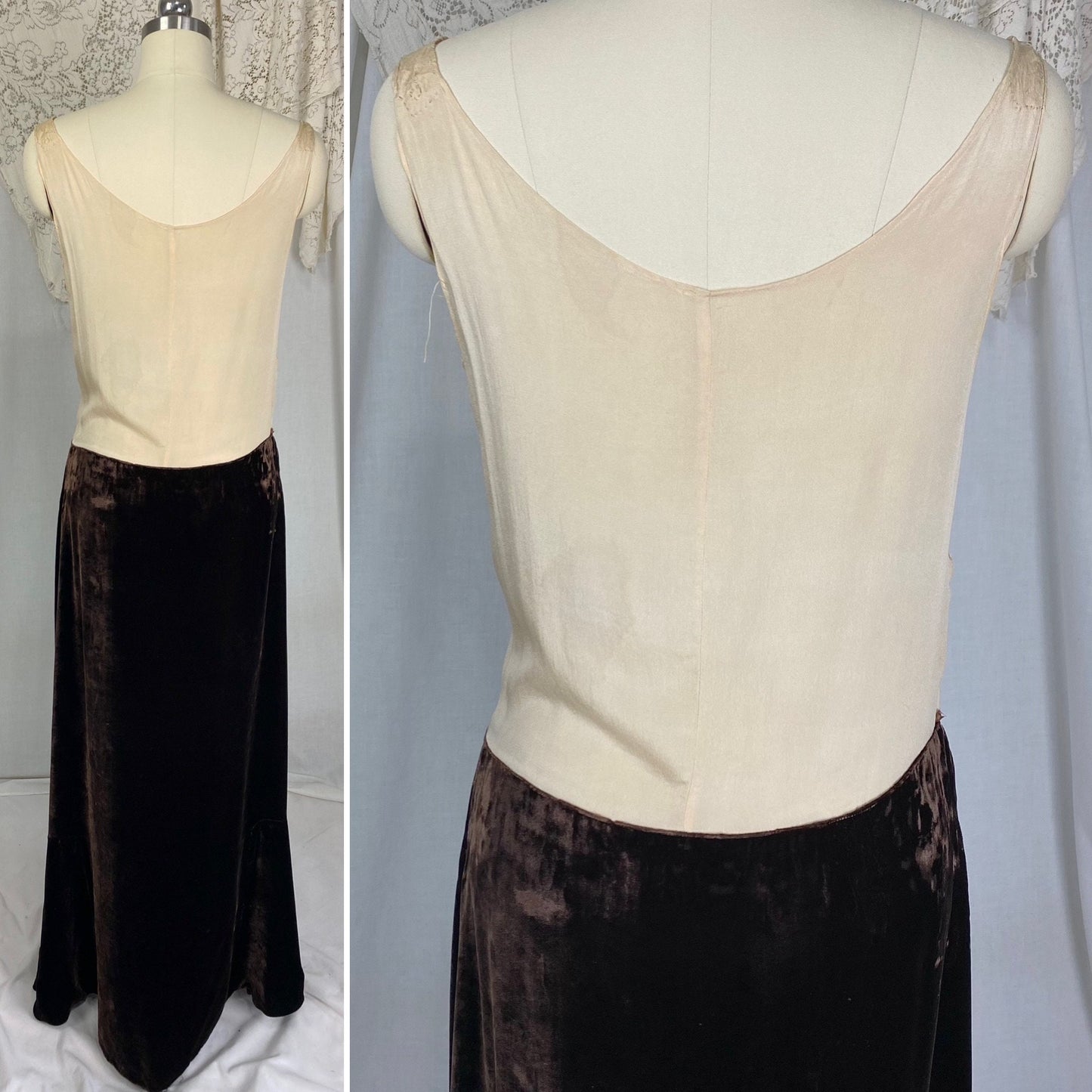 Vintage 1920's - 1930's Maxi Dress | Semi-Sheer Tan Silk with Deep Chocolate Brown Silk Velvet | Size XS, S