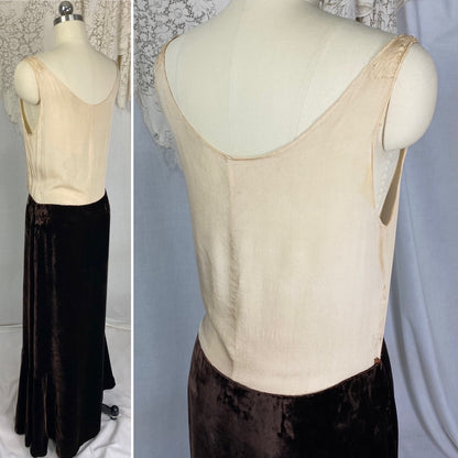Vintage 1920's - 1930's Maxi Dress | Semi-Sheer Tan Silk with Deep Chocolate Brown Silk Velvet | Size XS, S