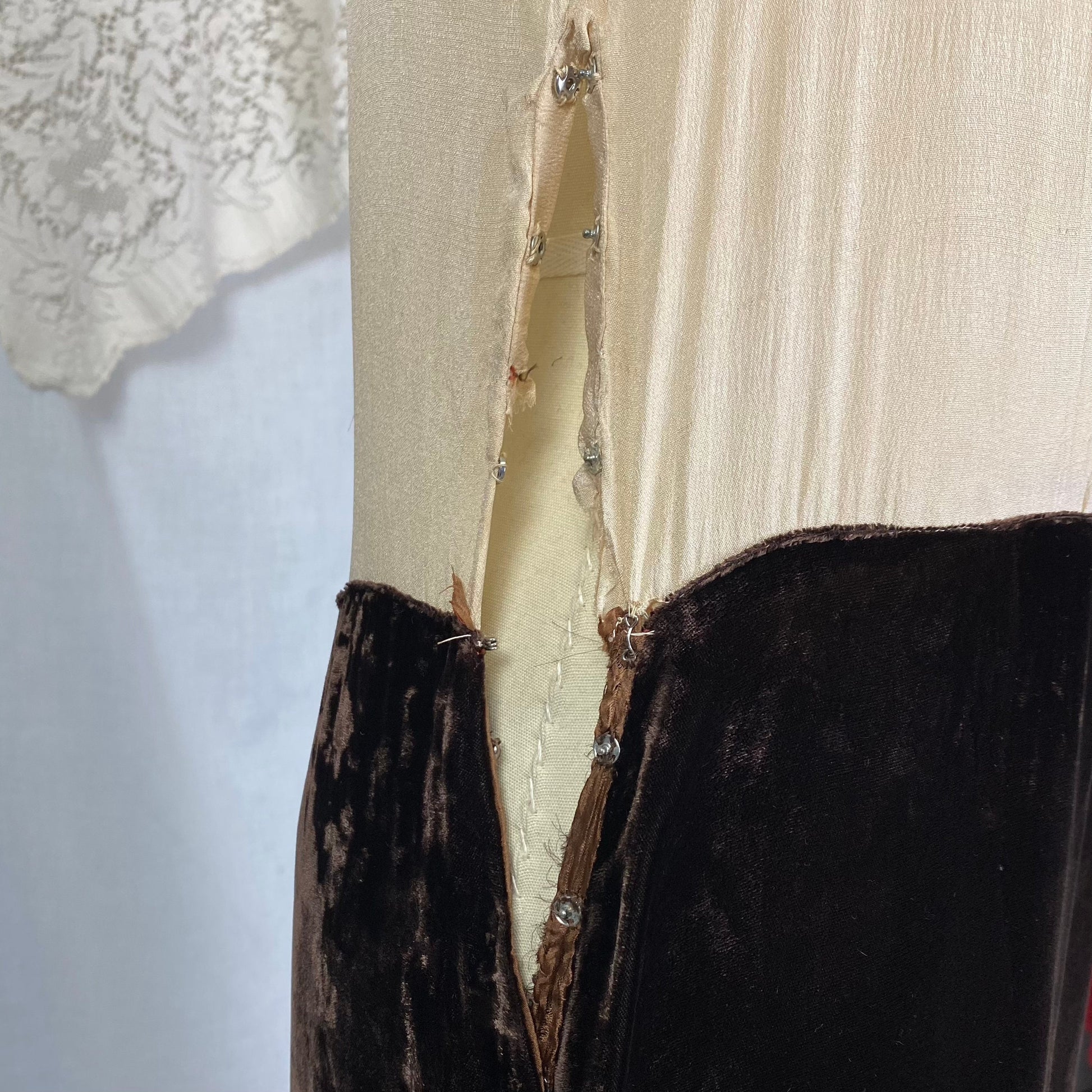 Vintage 1920's - 1930's Maxi Dress | Semi-Sheer Tan Silk with Deep Chocolate Brown Silk Velvet | Size XS, S
