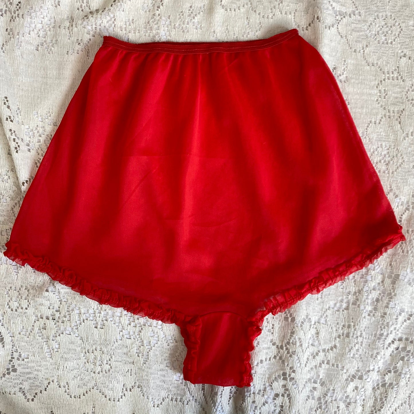 Vintage 1950's Tap Panties | Sheer Red Nylon with Ruffles & Unlined Gusset Crotch | Size XS, S