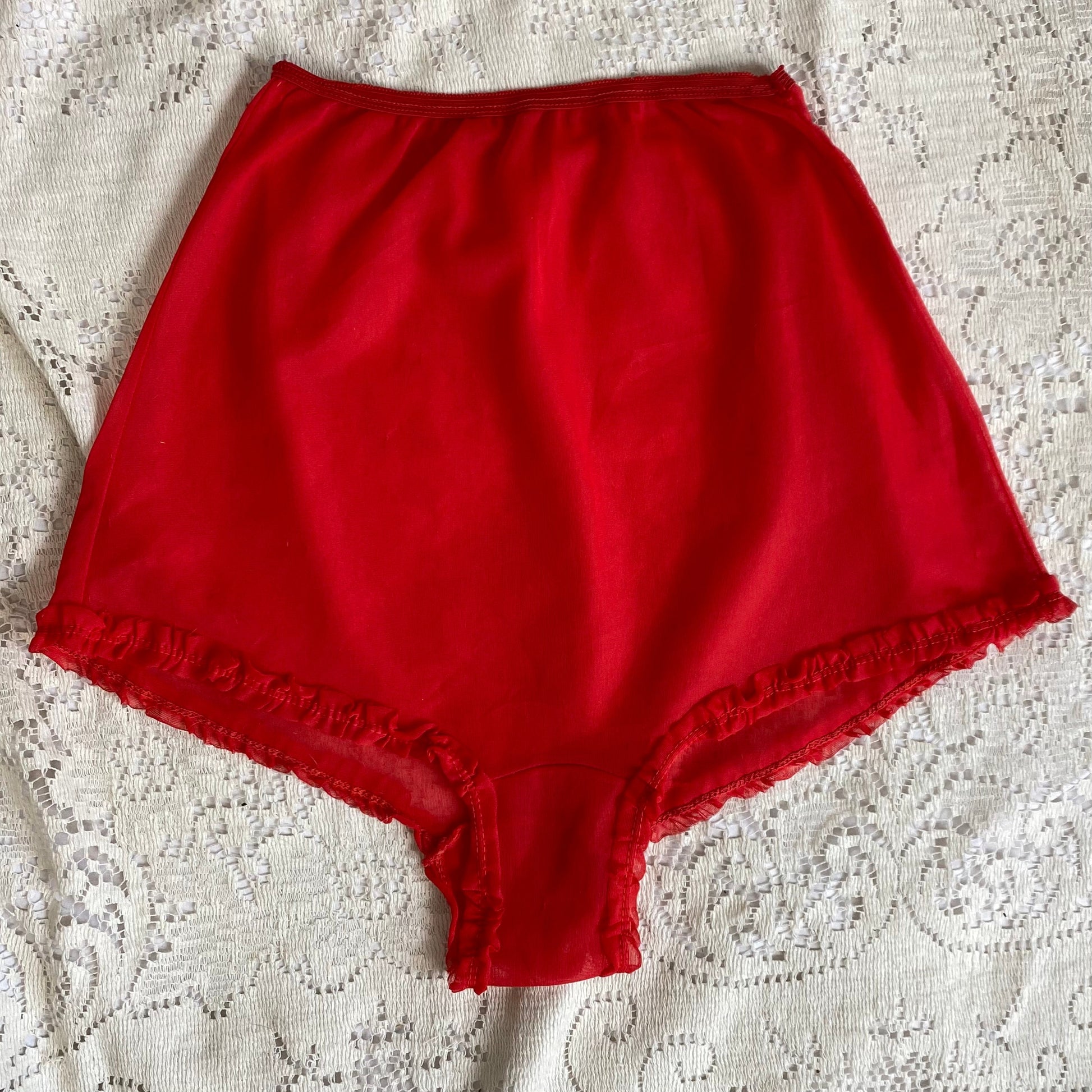 Vintage 1950's Tap Panties | Sheer Red Nylon with Ruffles & Unlined Gusset Crotch | Size XS, S