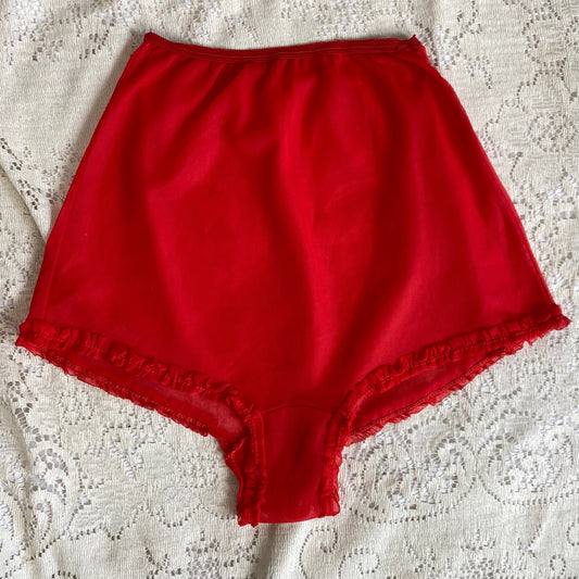 Vintage 1950's Tap Panties | Sheer Red Nylon with Ruffles & Unlined Gusset Crotch | Size XS, S