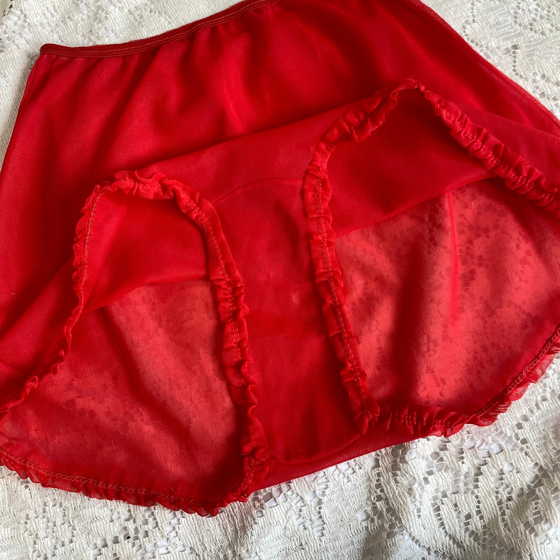 Vintage 1950's Tap Panties | Sheer Red Nylon with Ruffles & Unlined Gusset Crotch | Size XS, S
